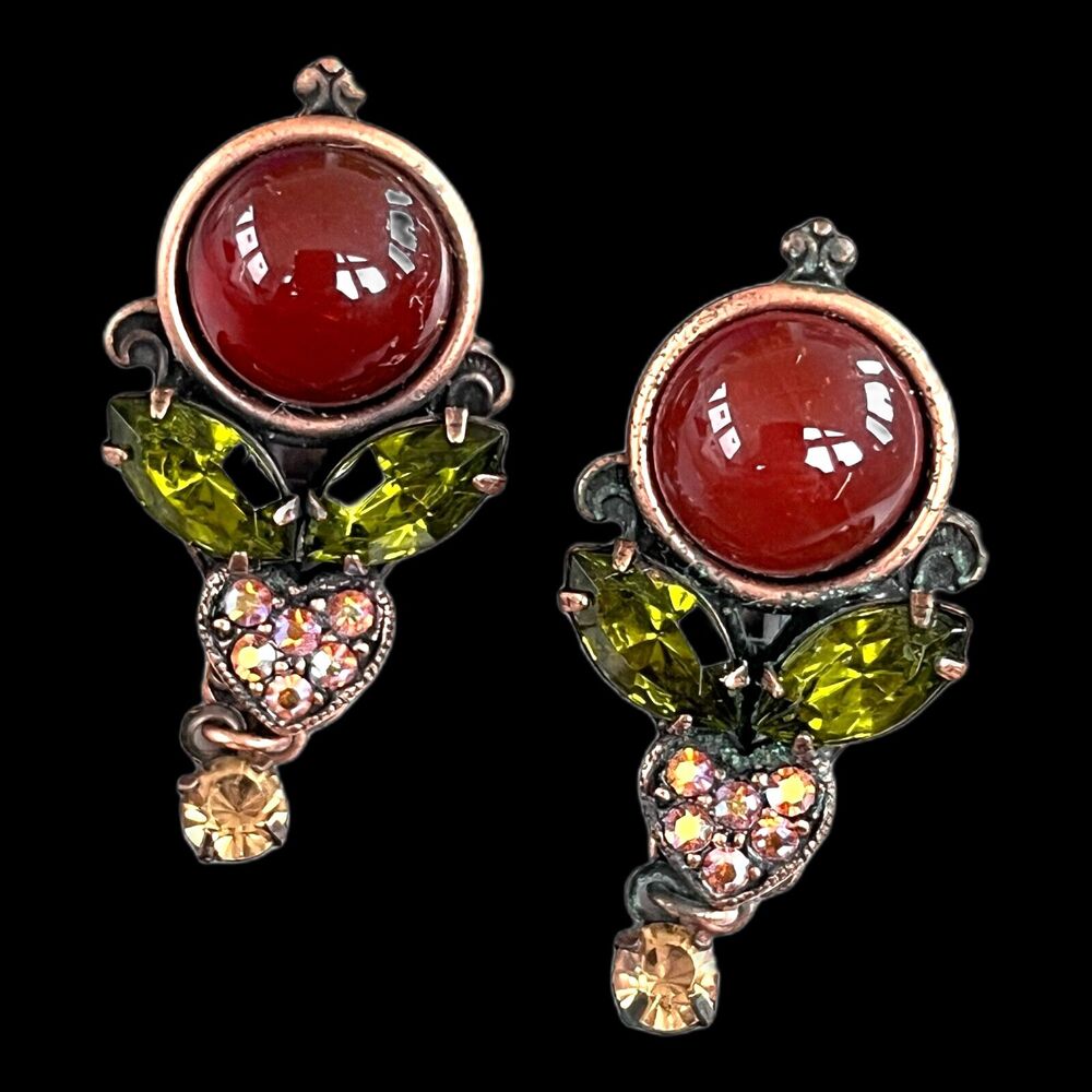 Vintage Kirks Folly Clip Earrings Antiqued Cabochon Crystals Hearts NOS- 4Z
